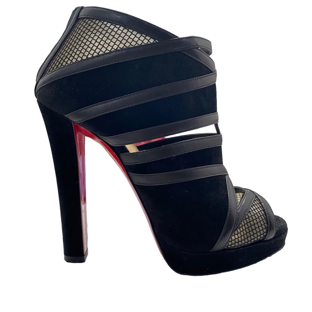 Christian Louboutin Commandanta Suede/Mesh Peep-Toe Red Sole Black Booties - Picture 3 of 11